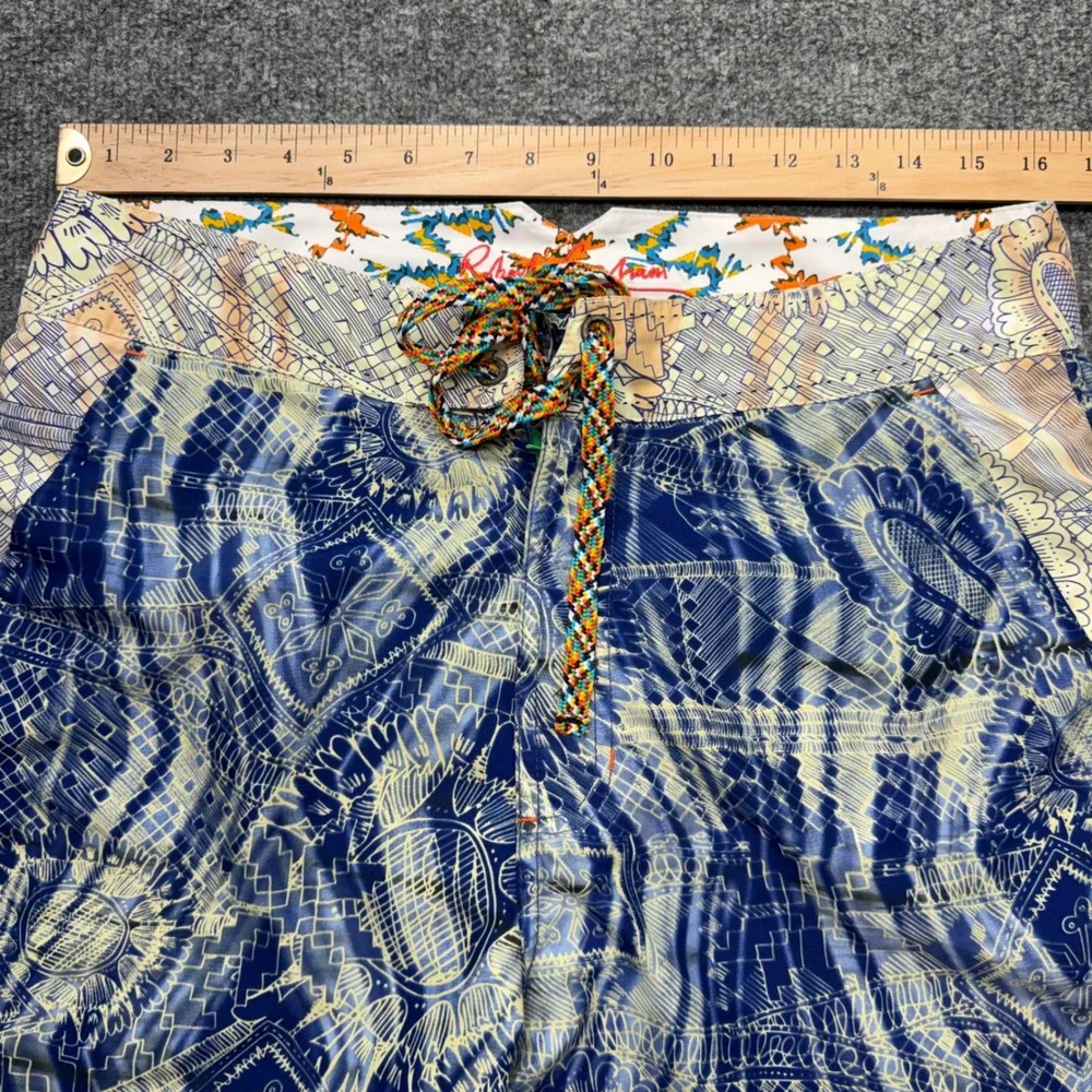 Robert Graham Mens Blue Yellow Geometric Vintage Car Swim Trunks Board Shorts 32